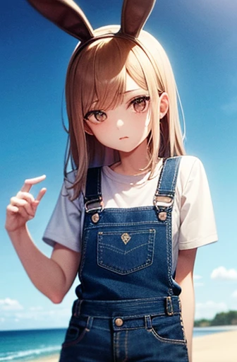 New boy, wearing denim overalls, bunny ears, lovely gaze, at beach, overcast day, best qualityer, anime styling