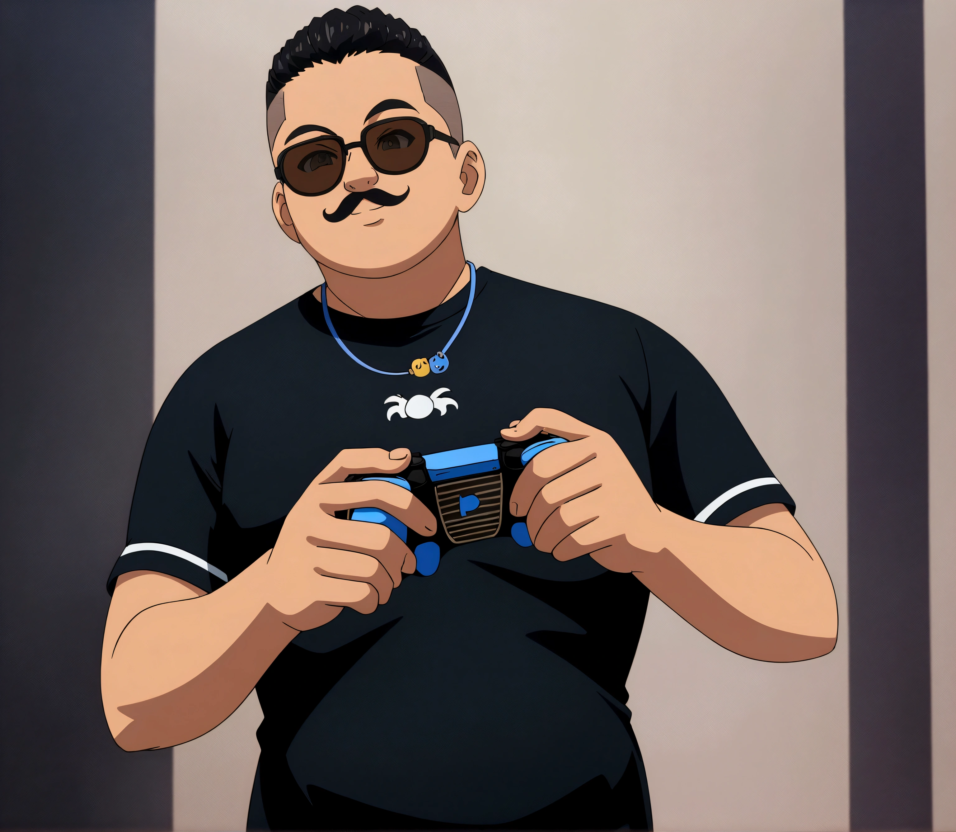 Dark-skinned man in black jacket and sunglasses standing on the street, undercut haircut, Bblack hair, holding a controller, with little mustache, natta, anime 8K foda, anime wallpaper 4k, 4K anime-style, 8K anime art wallpaper, anime wallpaper 4k, anime wallpaper 4k, 4K cartoon wallpaper, best anime 4K Konachan Wallpaper Konachan Wallpaper 4K, 4K anime art wallpaper, 4K anime art wallpaper