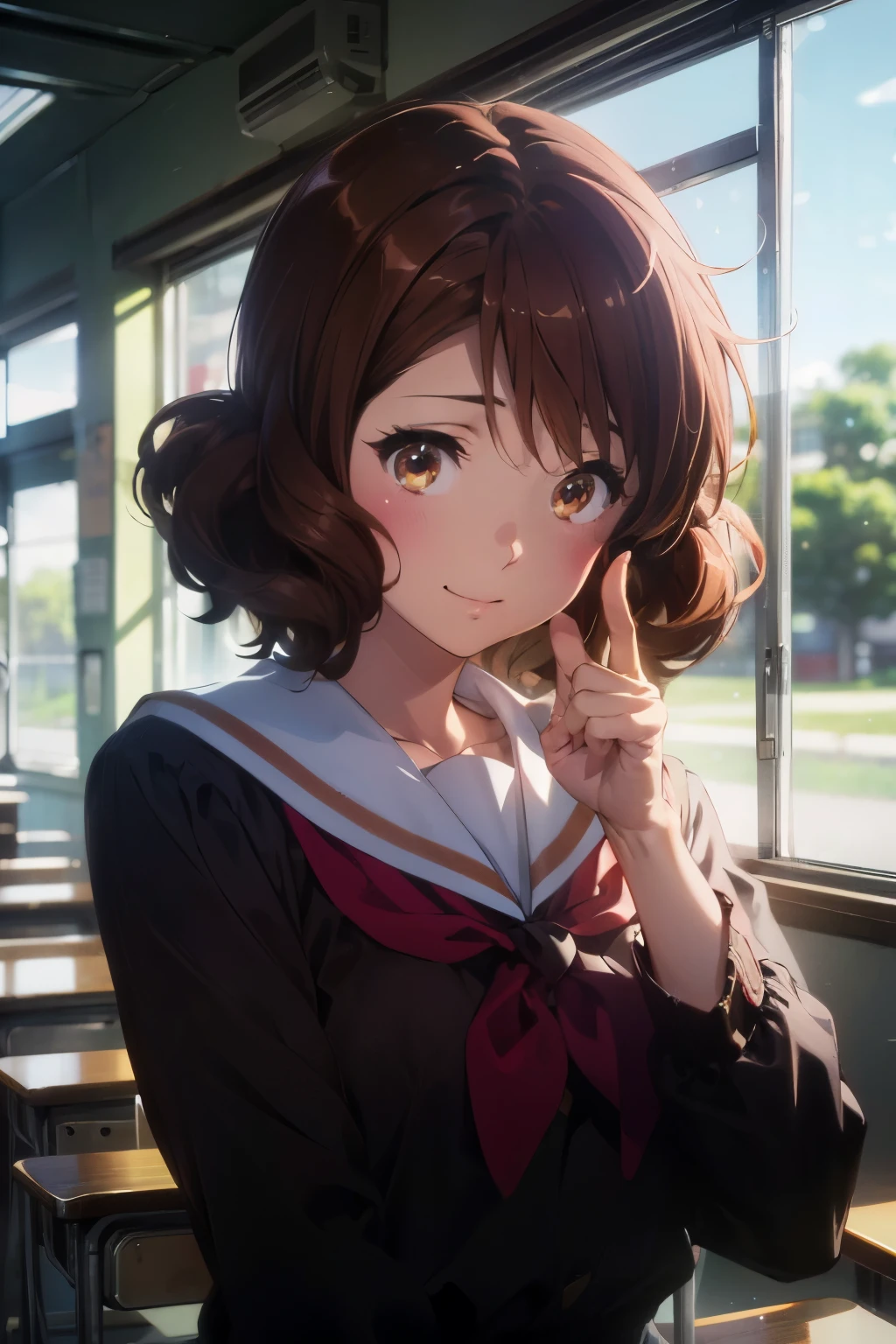 (Best image quality, 8K, high quality, High detail,masterpiece:1.2)、kumiko oumae,summer uniform,Eye Light、Face Light、Sparkling Eyes、solo、1 girl、Look at the viewer、sketch、Flat Color、、anime、animeカラーリング、(In a school classroom:1.3)、Kumiko Oumae、Kitauji High School Uniform、White sailor collar、Red neckerchief、Brown shirt、Long sleeve、smile、Random pose、(Blur the background:1.3)、Upper Body、Cover your subject all over、Accurate Fingers、Correct finger