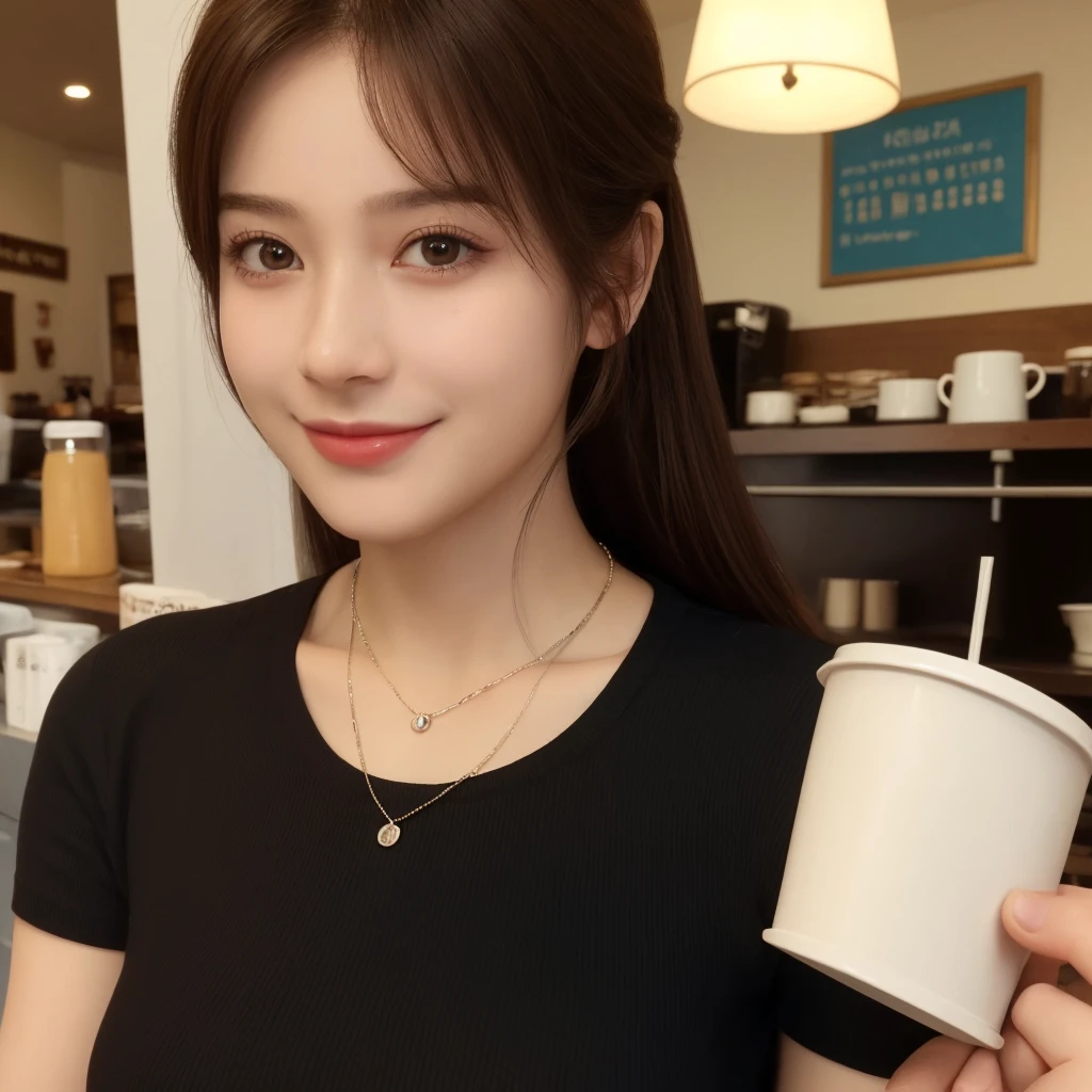 UHD, Close-up photo of a cute Korean woman, Looking straight ahead, sexy little smile,) Chest size 34 inches, ponytail, Wear a tight fitting t-shirt.,) necklace,  Making coffee in a coffee shop 8k photo, Shot with a high quality Fuji 45 camera.,000,000 pixels warm light,) realistic light colors,) 
