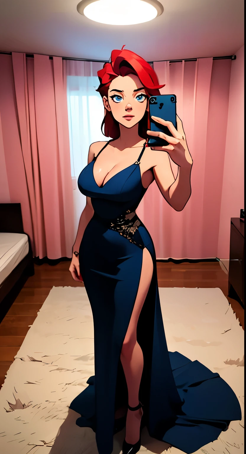 masterpiece, best quality, full body,1girl,the highest image quality, 21-year-old woman, looks like Olivia Dunne, bright red hair, blue eyes, wearing a black ballroom dress in a bedroom, large breasts, taking a selfie