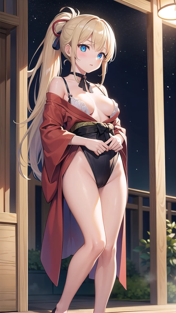 beatrixamerhauser, beatrix amerhauser, long hair, blue eyes, blonde hair,ponytail, (medium breast:1.2), BREAK japanese clothes,red kimono,wet kimano, yukata,cleavege,neckline,black choker, BREAK looking at viewer, BREAK outdoors, onsen,night,steam,wet,stars,starfall,hot water, BREAK (masterpiece:1.2), best quality, high resolution, unity 8k wallpaper, (illustration:0.8), (beautiful detailed eyes:1.6), extremely detailed face, perfect lighting, extremely detailed CG, (perfect hands, perfect anatomy),full body,transparent kimano,long legs,from below,stockings,stocking suspenders,no bra,panties,show panties,naked shoulders,