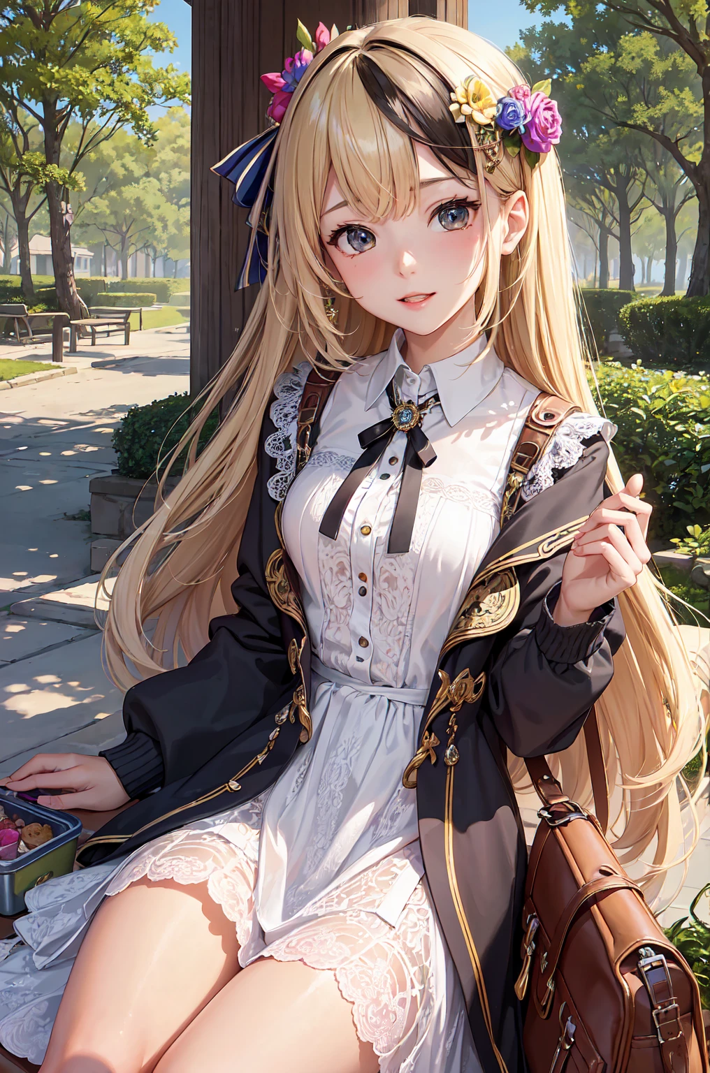 (masterpiece, Highest quality, Highest quality, Official Art, beautifully, (One girl), Very detailed,(Fractal Art),colorful,Most detailed,High School Girl 1.3、Lunch in the park、Lunch box 1.4、Uniform 1.3