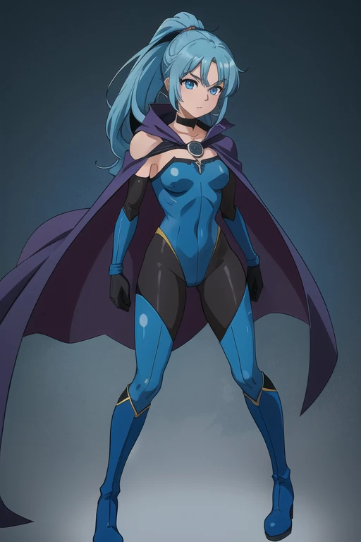 zzClair, solo, 1girl,  long hair, blue hair, blue eyes, ponytail, bodysuit, blue bodysuit, two-tone bodysuit, bare shoulders, sleeveless, cape, black cape, purple cape, two-sided cape, necklace, collar, choker, gloves blue gloves, boots, knee boots, blue boots, blue footwear