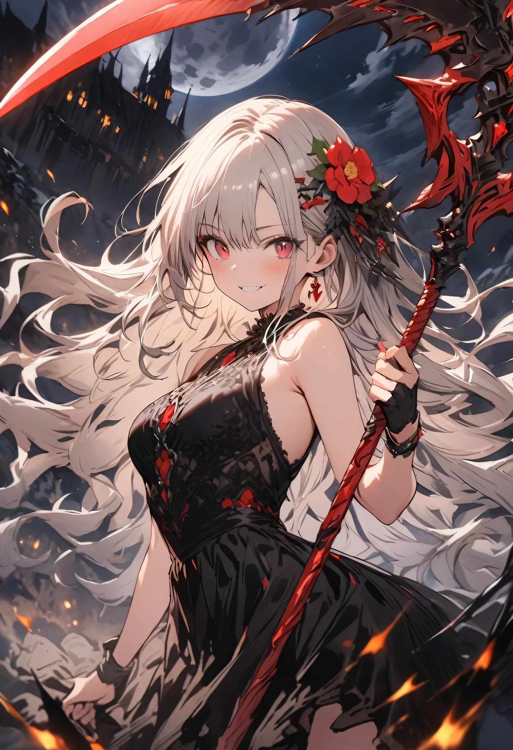 (masterpiece, best quality, highly detailed, absurdres:1.3), (1girl, cute, charming, detailed beautiful face:1.3), shiny silver hair, wavy hair, flower hair ornament, red and black lace dress, (holding a sharp blade scythe, fighting_stance:1.3), (fantastic illustration, beautiful detail, best quality, top quality, fain touch outline:1.3), watercolor, clear, beautiful detail, background fullmoon, (night sky, dark night:1.3), (dark fantasy:1.5), beautiful illustration, fullbody shot