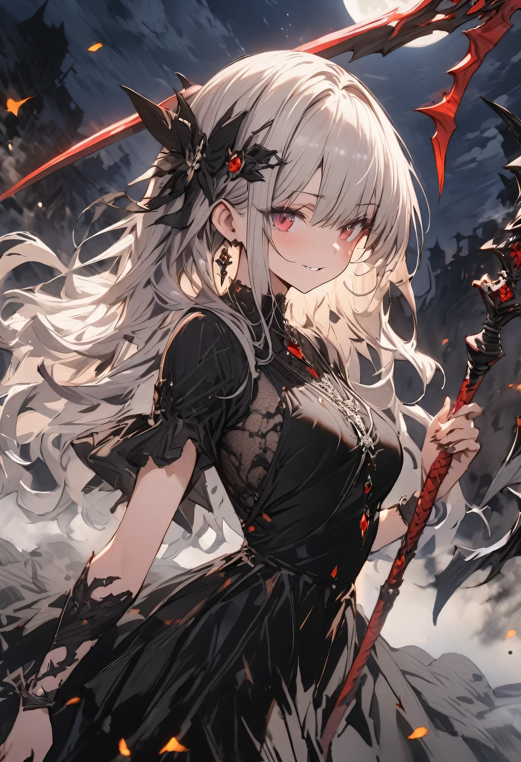 (masterpiece, best quality, highly detailed, absurdres:1.3), (1girl, cute, charming, detailed beautiful face:1.3), shiny silver hair, wavy hair, flower hair ornament, red and black lace dress, (holding a sharp blade scythe, fighting_stance:1.3), (fantastic illustration, beautiful detail, best quality, top quality, fain touch outline:1.3), watercolor, clear, beautiful detail, background fullmoon, (night sky, dark night:1.3), (dark fantasy:1.5), beautiful illustration, fullbody shot