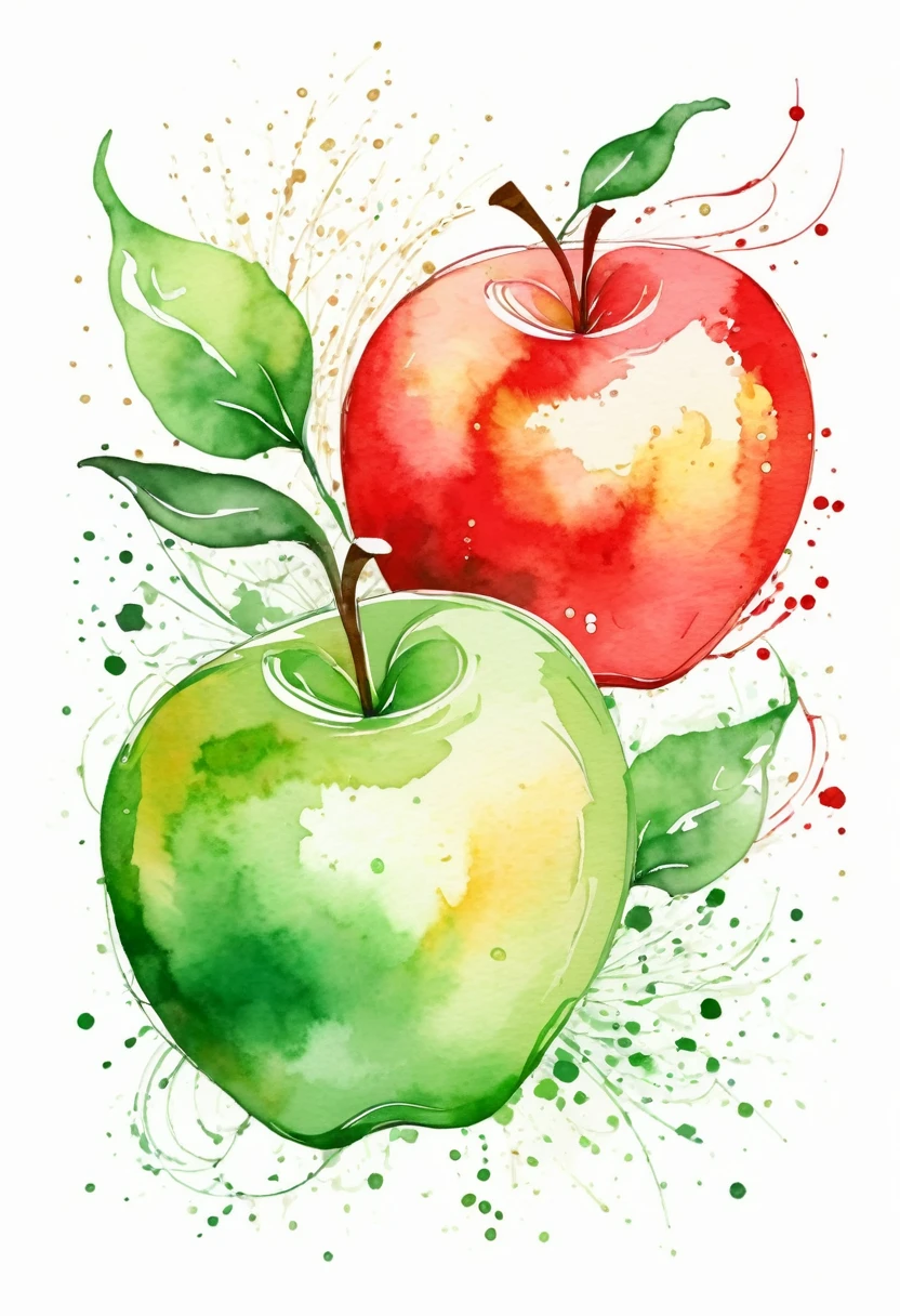 image of 2 apples ,one red ,one green , in a whimsical watercolor painting style ,contour image,vector image