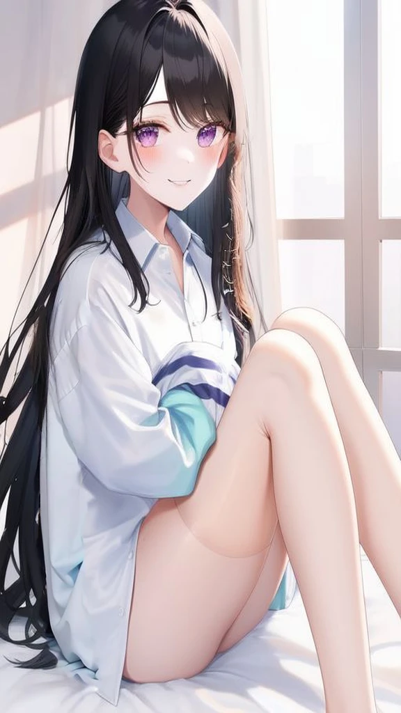 A girl in a her room, 1 girl, solo, semi long hair, looking at viewer, smile, lie on bed, from side, bashful, small breasts, extremely detailed eyes and face, highly detailed, 16k, ultra-detailed, high resolution, photorealistic, sharp focus, physically-based rendering, vivid colors, studio lighting, from side,