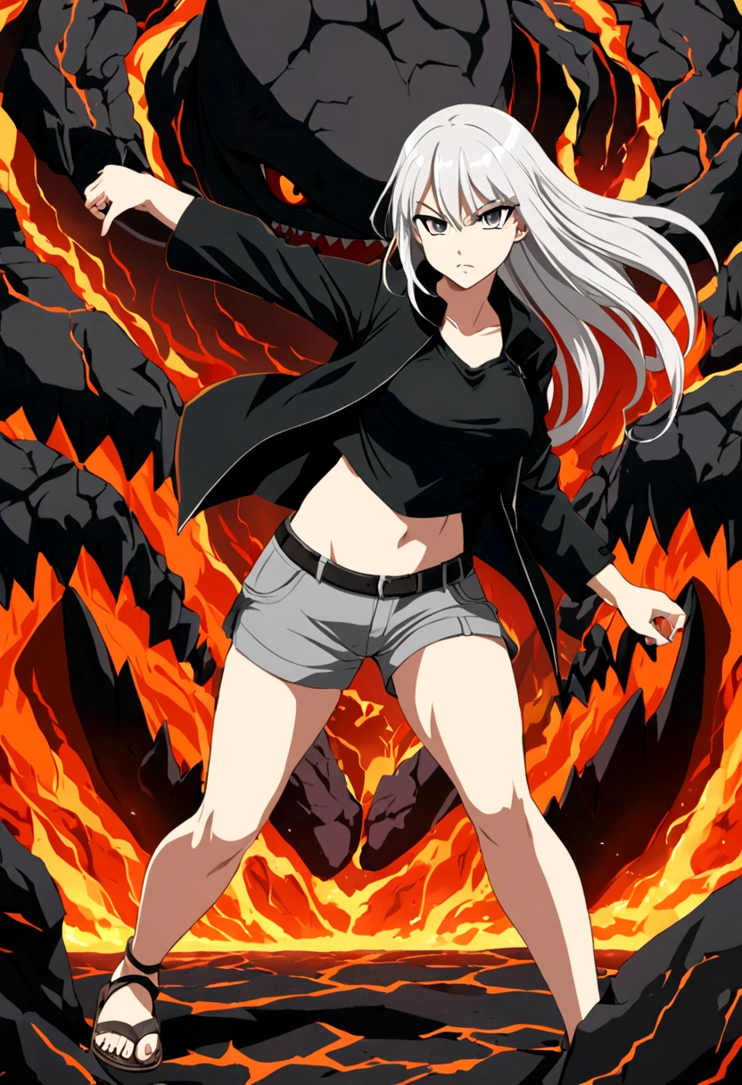 anime style girl 1,70 long light gray hair gray skin shark teeth and eyes with black sclera gray irises and light gray pupils very thick and strong legs but without breasts doing a fighting position in a combat arena surrounded by lava while dressed in a thick black jacket with a black shirt that does not cover the navel and shorts with sandals on the feet