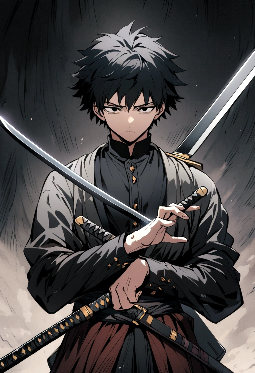 Black hair anime guy with black eyes, has an emotionless face and has two swords in his hands