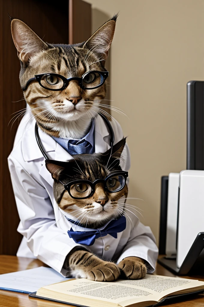 A cat dressed as a doctor, looking over glasses sitting at his desk