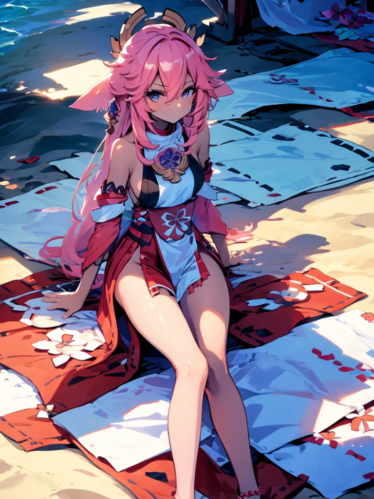 Make a girl on the beach, with tanned skin, sitting on a blanket on the sand, and with the legs a little open