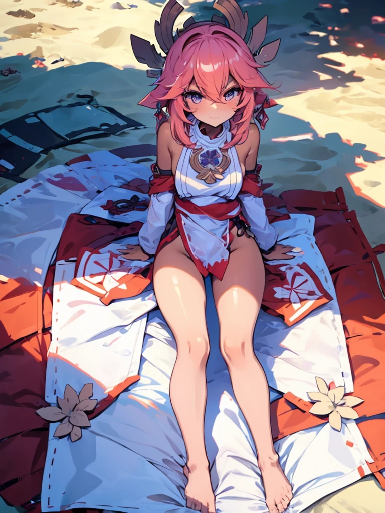 Make a girl on the beach, with tanned skin, sitting on a blanket on the sand, and with the legs a little open