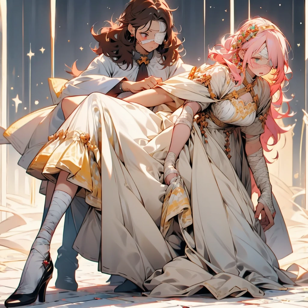 ((1Girl)) ((Princess)) ((Bandages)) ((Eye patch))
Long curly brunette hair, she has pale skin, with green eyes, she wears bandages covering her arms, and legs hiding the self-harm cuts and scars, she enjoys dressing in colorful princess dresses, usually wearing bright pinks, or yellows, she has an eyepatch on over her right eye due to having her right eye taken from here by her father, the king, she wears light makeup, she likes wearing ruffle socks, and slip on shoes, her knees are usually covered in dirt, she is 20 years old, and 5’0