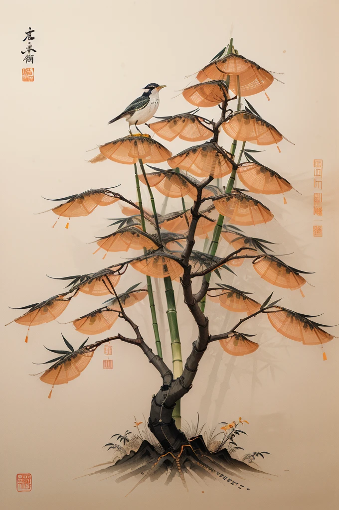 shukezouma, shuimobysim, ((starling)), willow branches, (masterpiece, best quality: 1.2), ((Traditional Chinese ink painting)), model style, bamboo branches, bamboo, wuchangshuo, red, orange, black, fire, starling, bird