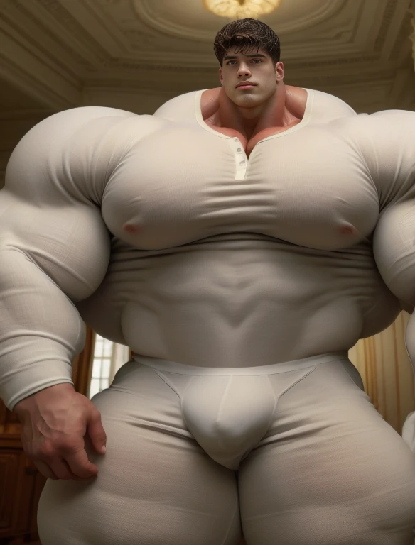 1boy, giant, alone, giant bodybuilder, wet, illuminating light, strong body, bulk, large size, stay in the white room, indoor, wear white henley shirt and triangular underpants, massive bulge, bulge, extraordinary big, brutalmass, giant muscular body, bulk, buff, massive body, large meaty body size, extremely wide body,