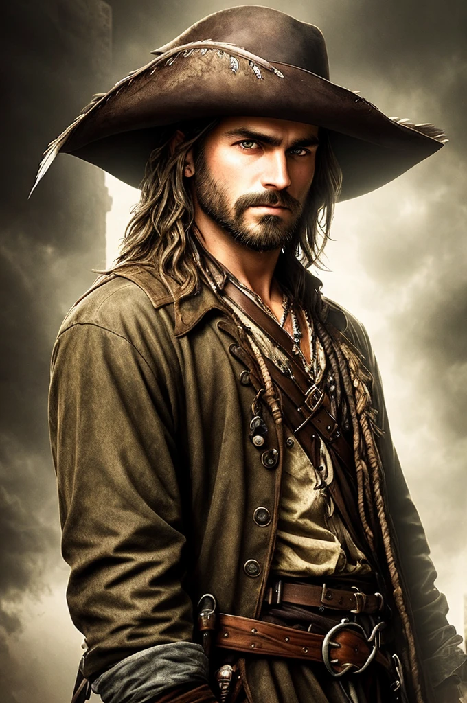 a young man, long silver hair, green eyes, pirate, wide-brimmed hat with feathers, dramatic lighting, dark and moody atmosphere, cinematic, highly detailed, photorealistic, atmospheric, chiaroscuro lighting, dramatic shadows, muted color palette, brooding expression, rugged appearance, weathered skin, intricate costume details, dramatic pose, swashbuckling adventure, cinematic composition, moody and atmospheric, rich textures, dramatic lighting and shadows, hyper-detailed