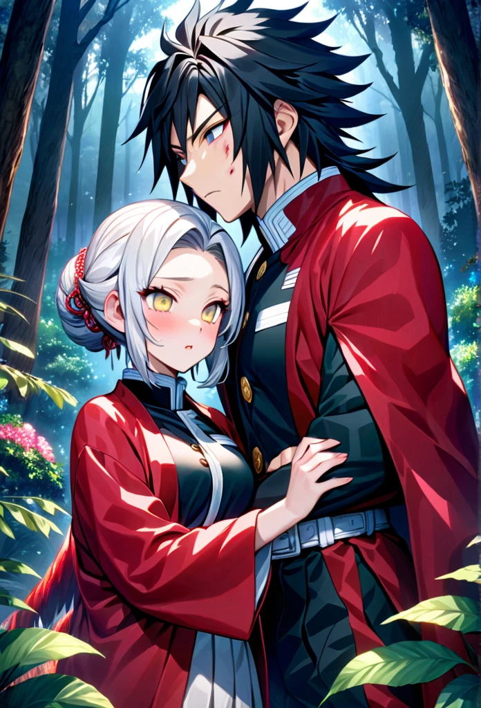 Ultra detailed, high resolution, absurd, HDR, masterpiece, anime girl and boy, beautiful woman (with long white hair with deep red streaks, woman (with yellow eyes), the woman (is wearing a red haori), in black demon slayer corps uniform, Kimetsu No Yaiba, fantasy, handsome, Tomioka Giyu, Hashira, Tomioka is serious, couple, night, forest, best quality, extremely detailed face, anime, the girl is really hurt, the girl is covered in blood , Tomioka is a strong man, the girl have a feral expression, Tomioka Giyu is trying to protect the pretty girl, Tomioka is protecting his lover