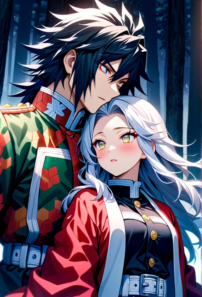 Ultra detailed, high resolution, absurd, HDR, masterpiece, anime girl and boy, beautiful woman (with long white hair with deep red streaks, woman (with yellow eyes), the woman (is wearing a red haori), in black demon slayer corps uniform, Kimetsu No Yaiba, fantasy, handsome, Tomioka Giyu, Hashira, Tomioka is serious, couple, night, forest, best quality, extremely detailed face, anime, the girl is really hurt, the girl is covered in blood , Tomioka is a strong man, the girl have a feral expression, Tomioka Giyu is trying to protect the pretty girl, Tomioka is protecting his lover
