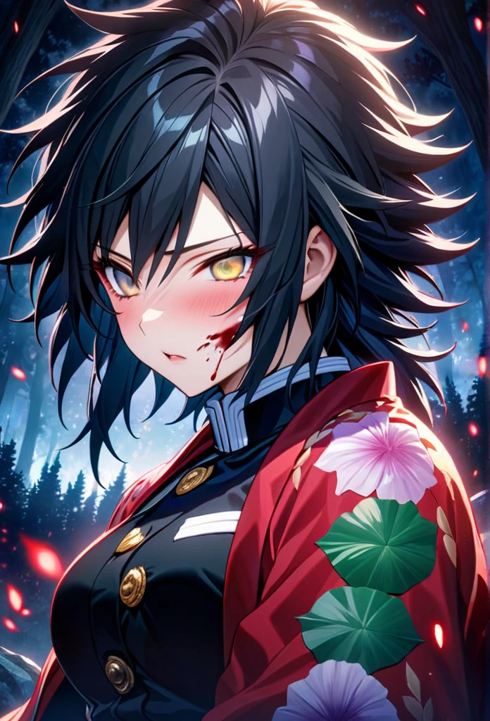 Ultra detailed, high resolution, absurd, HDR, masterpiece, anime girl and boy, beautiful woman (with long white hair with deep red streaks, woman (with yellow eyes), the woman (is wearing a red haori), in black demon slayer corps uniform, Kimetsu No Yaiba, fantasy, handsome, Tomioka Giyu, Hashira, Tomioka is serious, couple, night, forest, best quality, extremely detailed face, anime, the girl is really hurt, the girl is covered in blood , Tomioka is a strong man, the girl have a feral expression, Tomioka Giyu is trying to protect the pretty girl, Tomioka is protecting his lover
