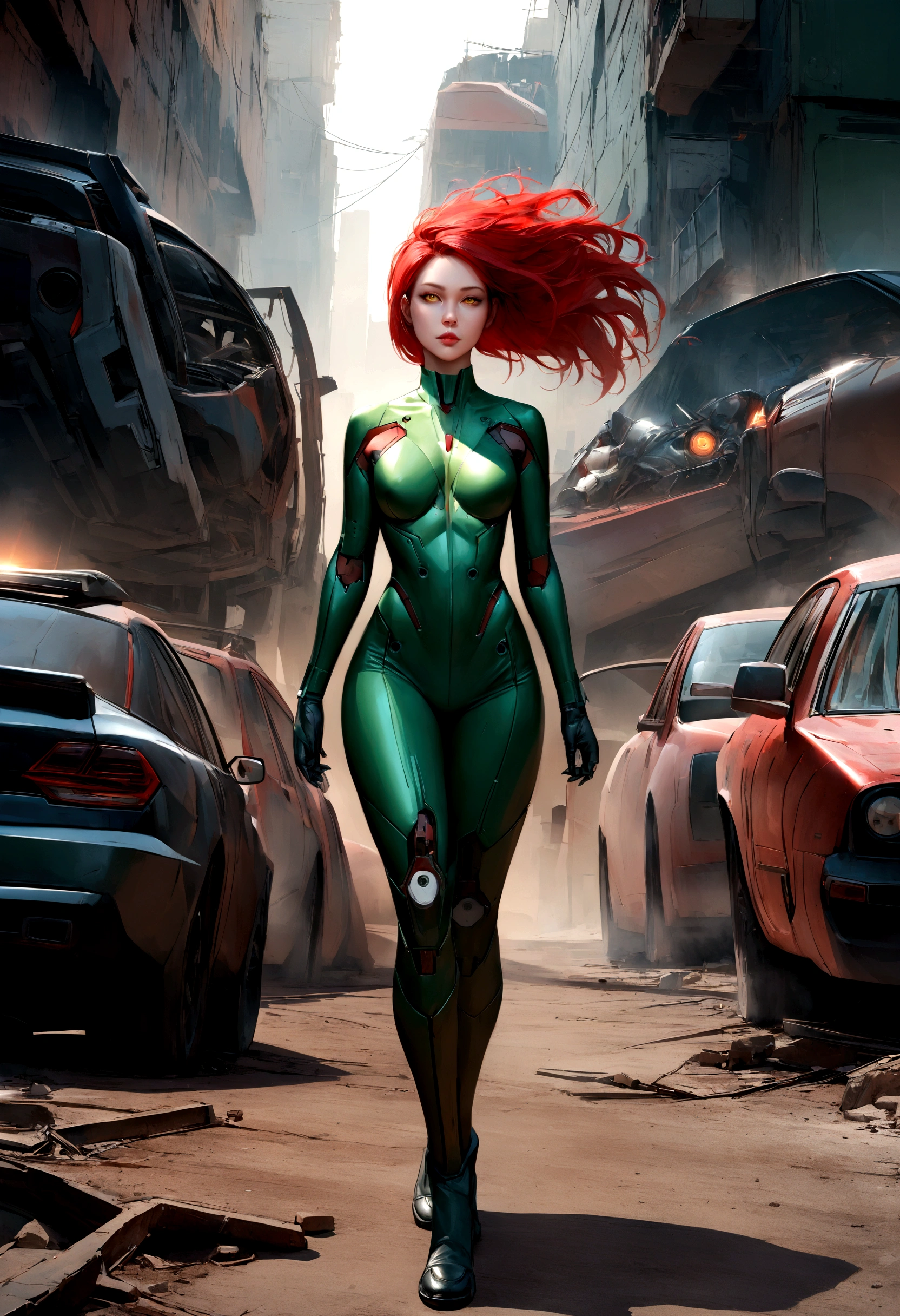Animatrix style, ultrarealistic, cyberpunk, sci-fi, character, female, ultra textured, perfect face. A beautiful red-haired mechanic has mutant powers, she is powerful and walks empowered in the middle of a large car graveyard. Her wardrobe has dark red, dark green and dark yellow colors.