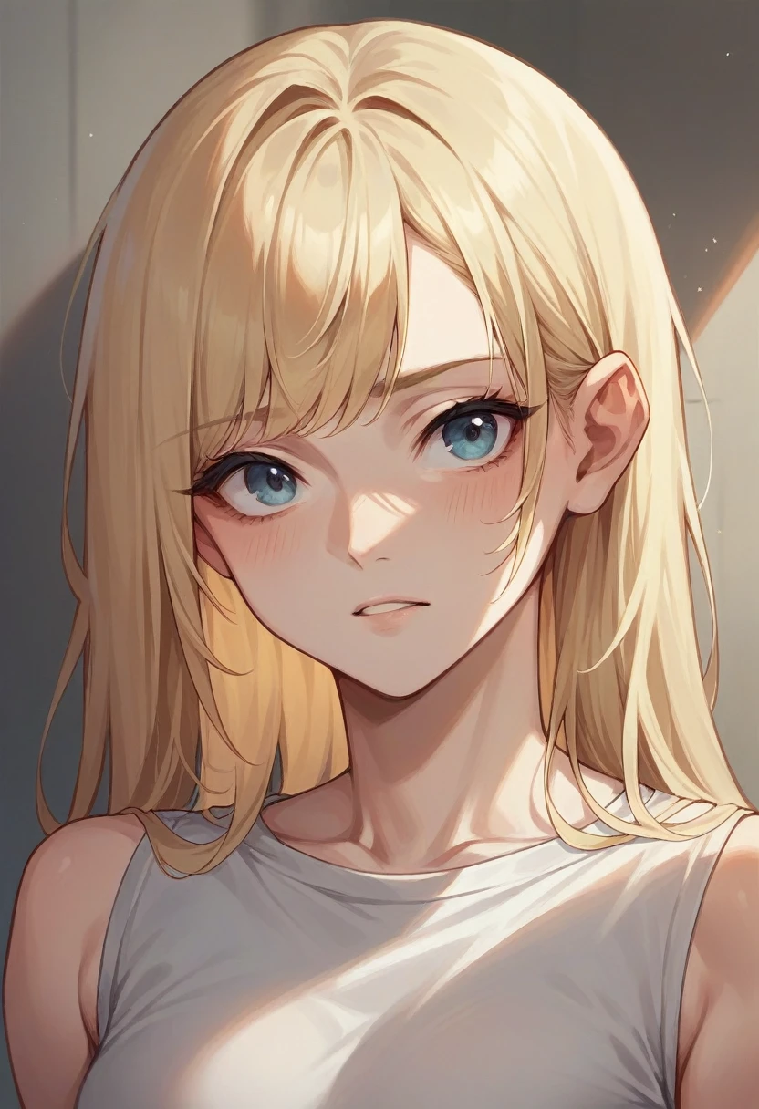 Young white woman with defined body, with short, very light golden blonde hair of European ethnicity. He must be in his apartment., With his back to the photo showing his face... 