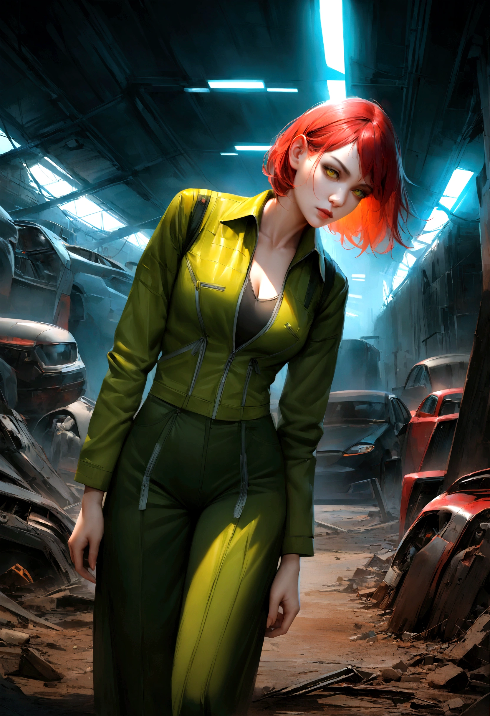 Animatrix style, ultrarealistic, cyberpunk, sci-fi, character, female, ultra textured, perfect face. A beautiful red-haired mechanic has mutant powers, she is powerful and walks empowered in the middle of a large car graveyard. Her wardrobe has dark red, dark green and dark yellow colors.