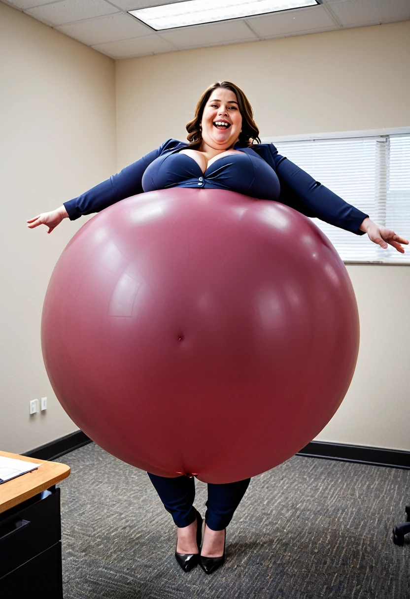 Thick bottom heavy, curvy, wide hipped 30 year old british woman, she is wearing a business suit, she is laying on her belly, she gets bloated and inflated like a gigantic fat air baloon, she is laughing as she bounces gently in her office