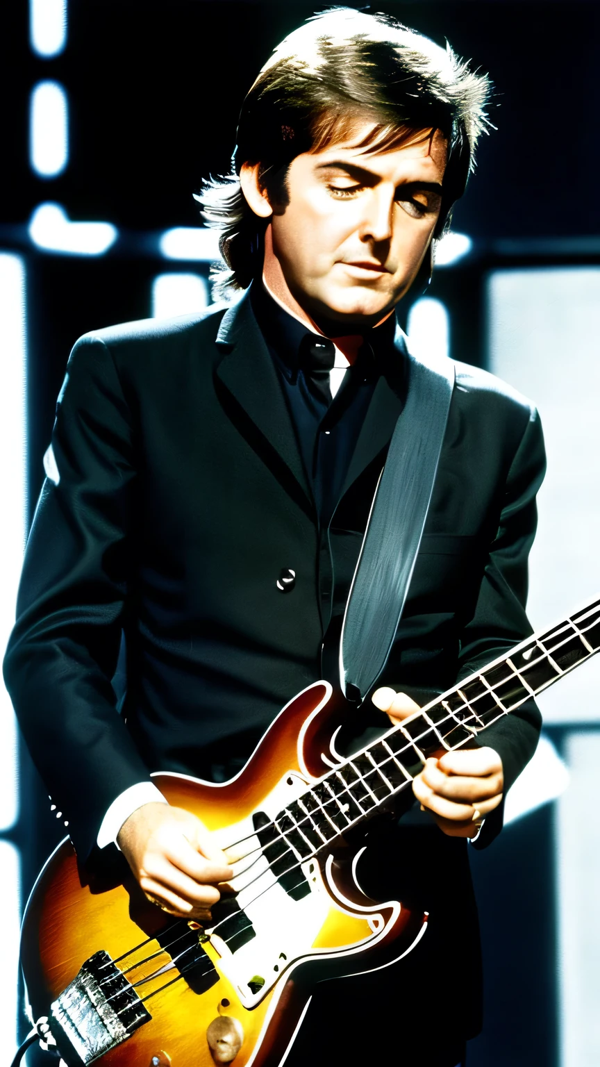 create Paul Maccartney featured playing bass guitar , he is left handed, no palco com THE BEATLES,