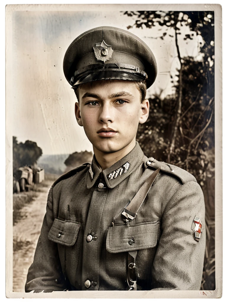 (best quality:1.3), (best illustrations:1.2), (art film light:1.2) (1 person), (realistic), (extra sharp), (8k), (1 person), Year 1939, Young man aged 17-18 years, Wearing the uniform of an NKVD officer, Eastern European Slavs, Soviet Union, Portrait style, Road to valor world war2