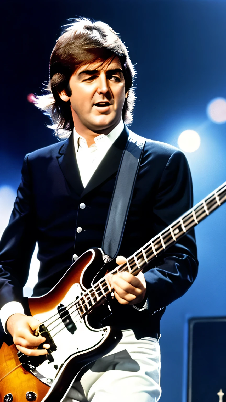 create Paul Maccartney featured playing bass guitar , he is left handed, no palco com THE BEATLES,