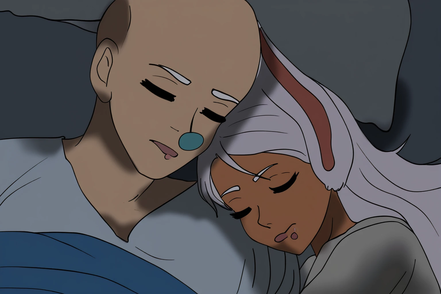 anime drawing, sketch, a man and a woman asleep on each other's shoulders, anime style, a bald man, a woman with long white hair and dark skin