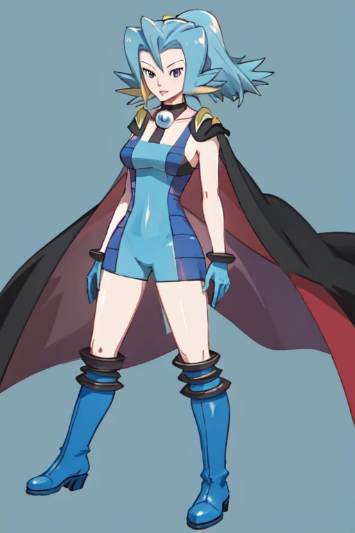 Clair \(pokemon\) bodysuit, blue bodysuit, two-tone bodysuit, bare shoulders, sleeveless, cape, black cape, purple cape, two-sided cape, necklace, collar, choker, gloves blue gloves, boots, knee boots, blue boots, blue footwear