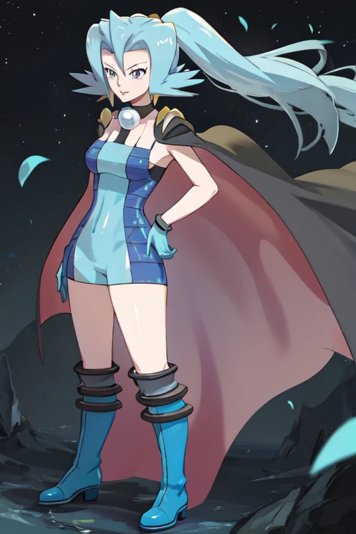 Clair \(pokemon\) bodysuit, blue bodysuit, two-tone bodysuit, bare shoulders, sleeveless, cape, black cape, purple cape, two-sided cape, necklace, collar, choker, gloves blue gloves, boots, knee boots, blue boots, blue footwear