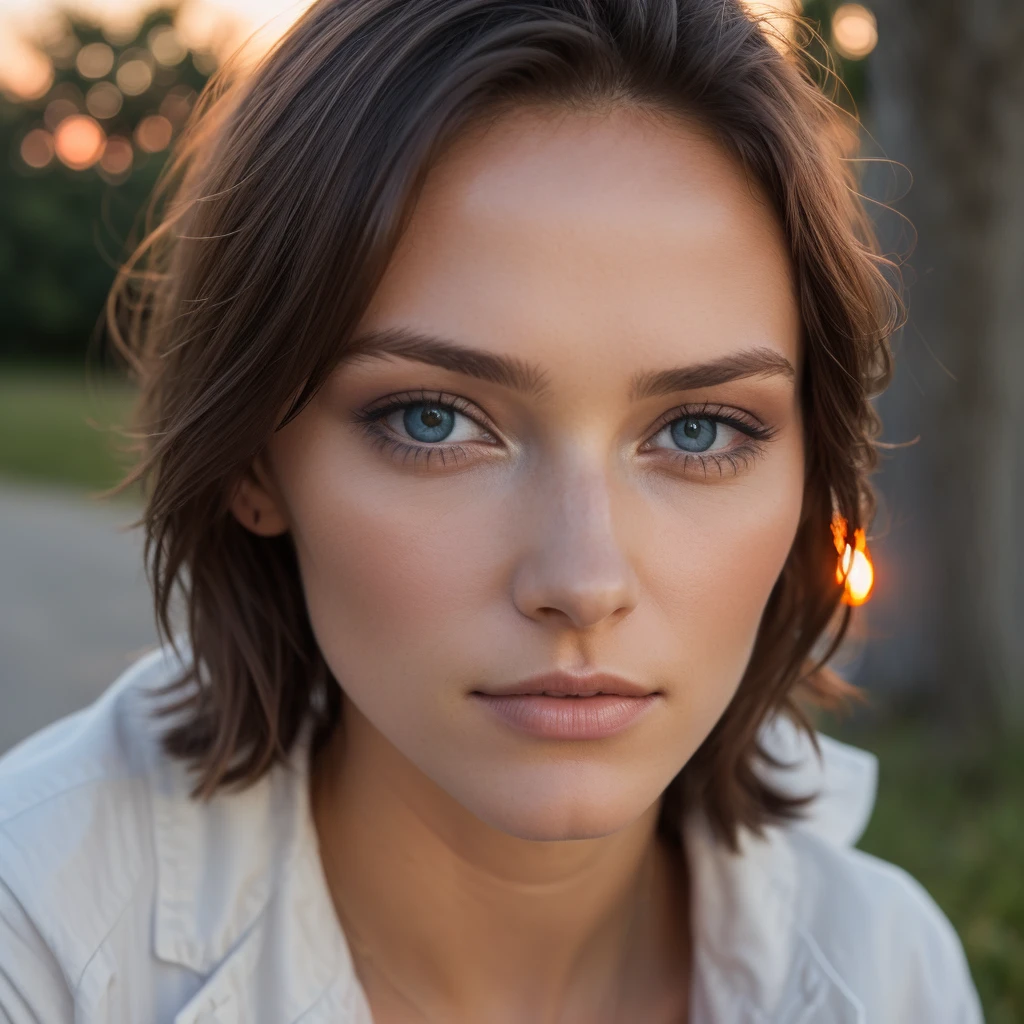 femme brune yeux bleu qui pose devant un coucher de soleil prise de vu loins de la femme ultra realiste, elle regarde pas la camera