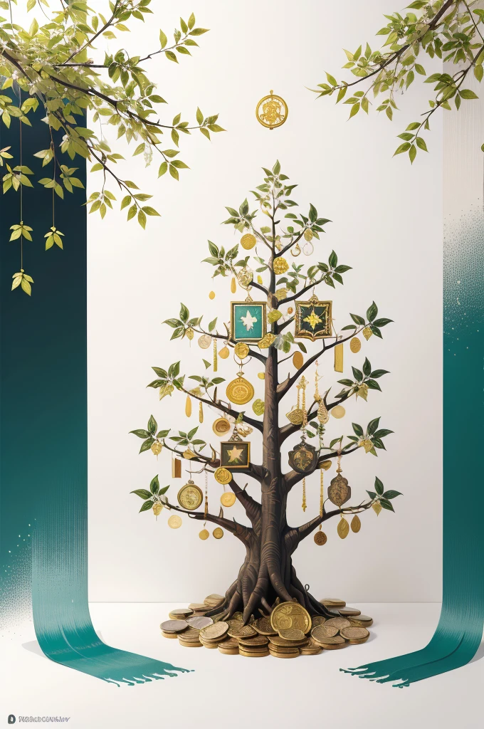 1sticker,a sticker, Nikkaze,(A tree full of gold coins),(Brilliant décor),(Fortune cicada),(Traditional coats of arms),gold coins,Golden branches and jade leaves,Background brushstrokes in ink style,water ink, white backgrounid, nothing background, simple backgound, dk, badges,logo, pastel colour, vectorstyle, no gradien