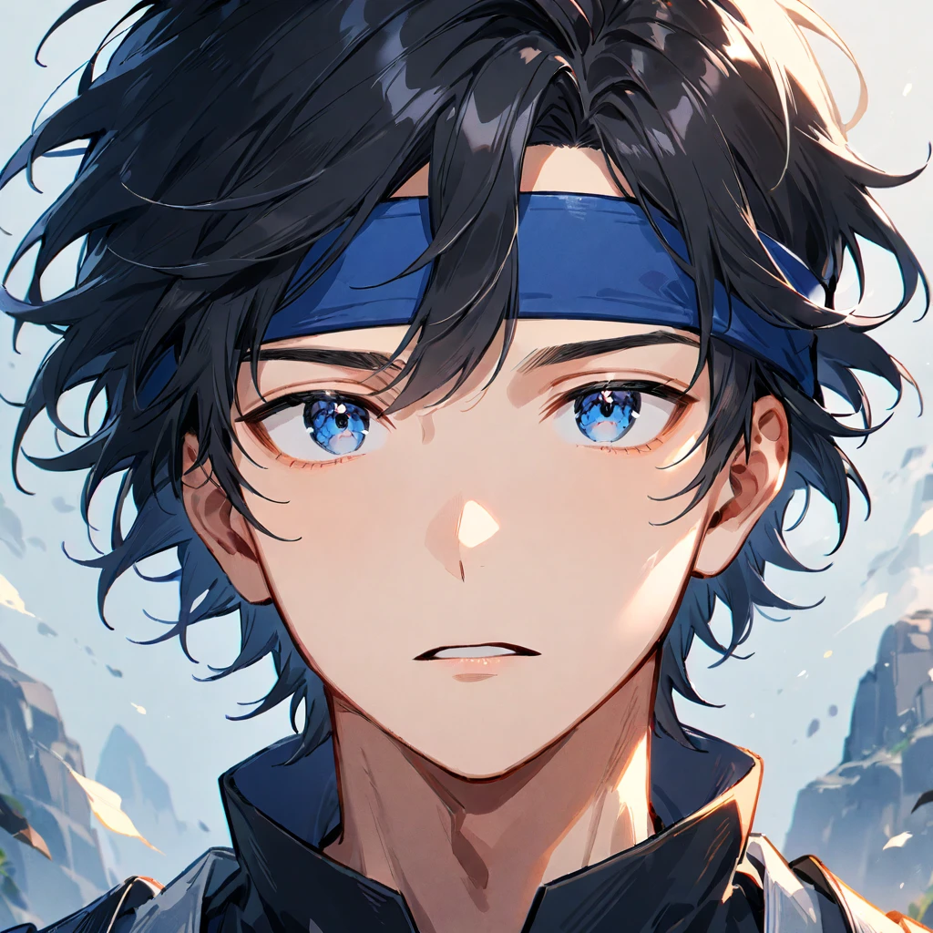 1boy, solo, male focus, headband, blue eyes, black hair, portrait, parted lips, ((medium quality)), ((medium quality))