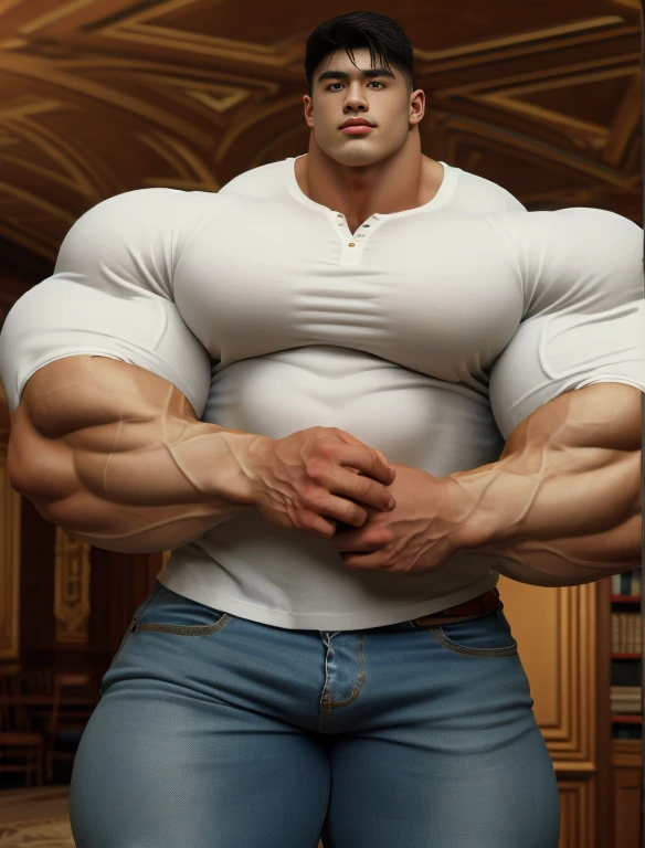1boy, giant, alone, giant bodybuilder, wet, illuminating light, strong body, bulk, large size, stay in the bookshelf room, indoor, wear white henley shirt and jean pants, massive bulge, bulge, extraordinary big, brutalmass, giant muscular body, bulk, buff, massive body, large meaty body size, extremely wide body,