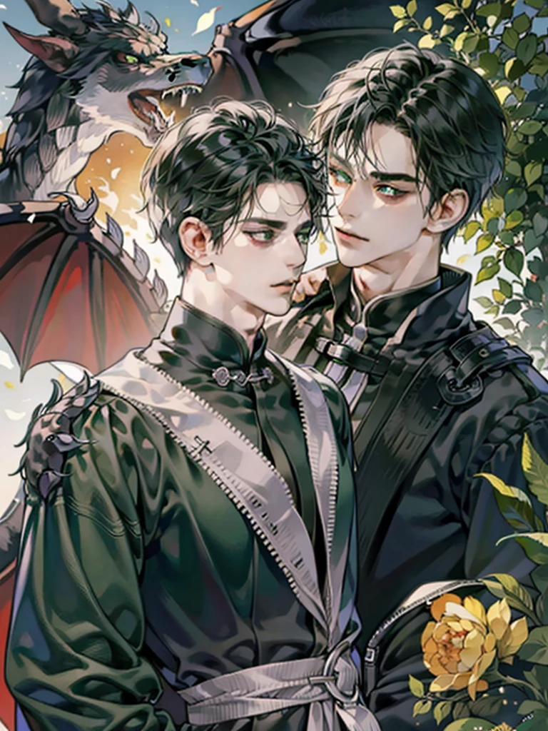 1boy, male, human, dark skin, long black hair, green eyes, black dragon scales, black dragon horns, black dragon wings, narrowed eyes, cat pupils, close up,