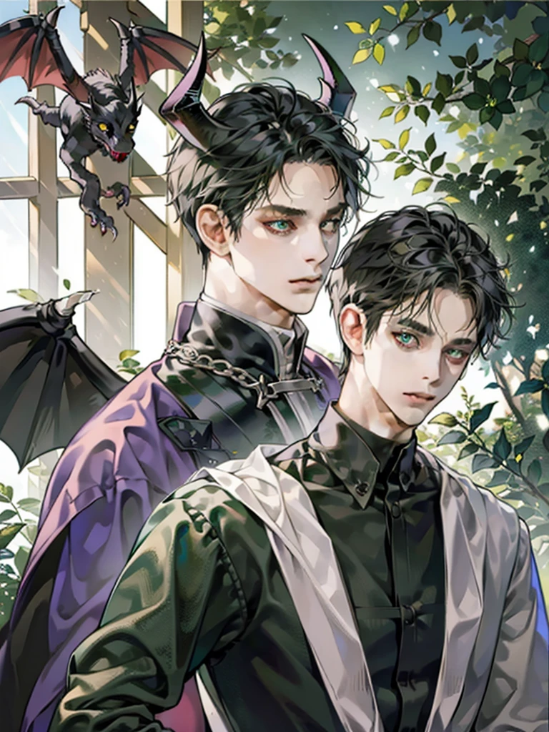 1boy, male, human, dark skin, long black hair, green eyes, black dragon scales, black dragon horns, black dragon wings, narrowed eyes, cat pupils, close up,
