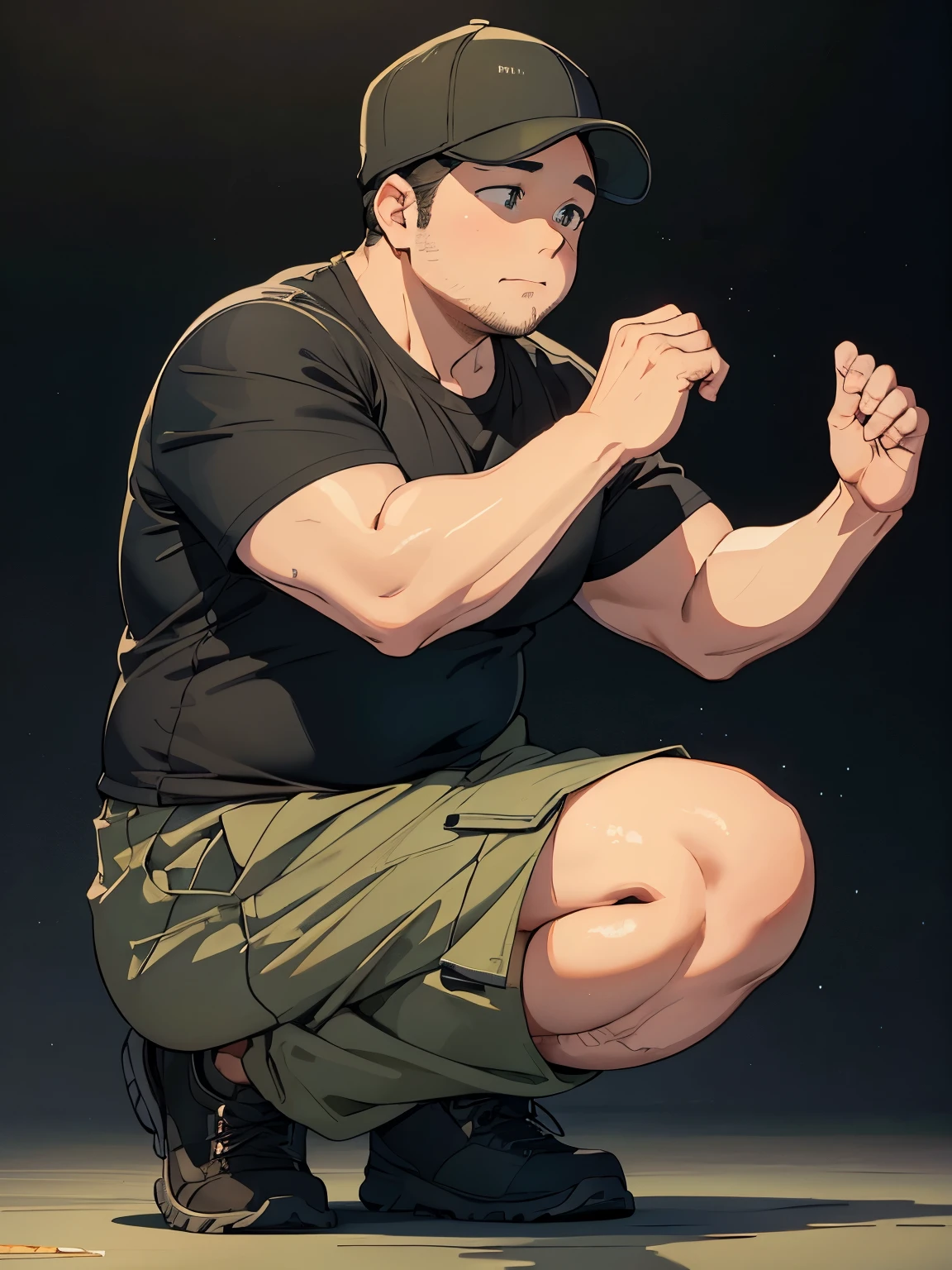 A chubby 35-year-old man kneeling、Black Background、Black cap、Black T-shirt、Khaki half pants、whole body、