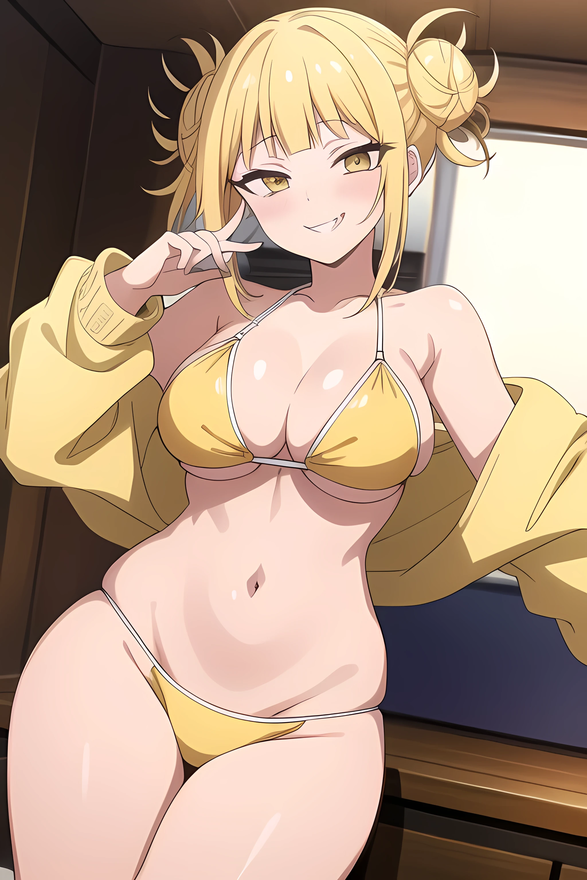 (masterpiece, best quality), intricate details, 8k, artstation, wallpaper, official art, splash art, sharp focus, 1girl, Toga, Himiko, Himiko Toga, fangs, yellow hair, yellow bikini, medium breasts, rounded breasts, nicebody, himikotoganova vivid colours, vivid, yellow bikini, fullbody, looking into camera, seductive smile,