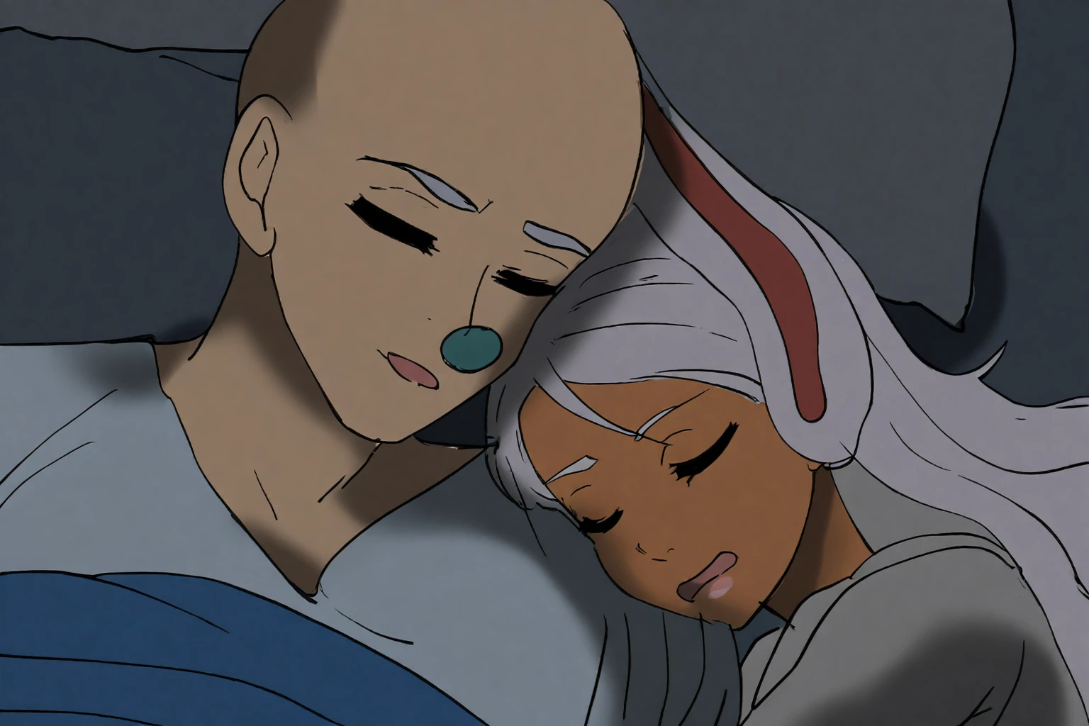 anime drawing, sketch, a man and a woman asleep on each other's shoulders, anime style, a bald man, a woman with long white hair and dark skin