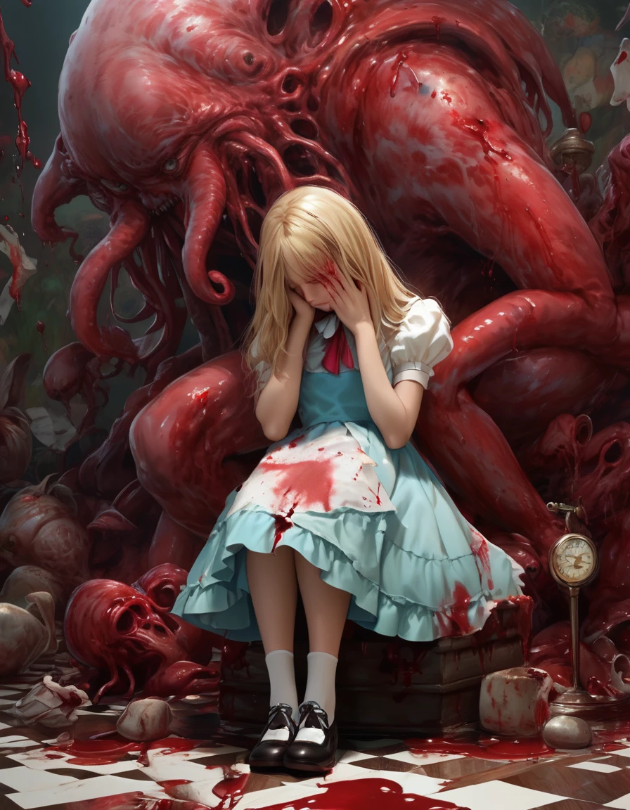 BREAK Perfect Anatomy、(High resolution:1.2)、Incredible illustrations、(Cute illustrations:1.2)、(Beautiful background) Alice in Wonderland(facepalm,despair,tears),(a girl, 1.6meters, 40kg,bloody:1.5),Torn stuffed rabbit、Full body view (cthulhu)