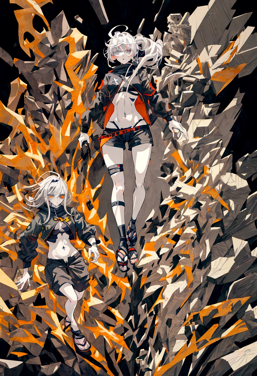 anime style girl 1,70 long light gray hair gray skin shark teeth and eyes with black sclera gray irises and light gray pupils very thick and strong legs but without breasts doing a fighting position in a combat arena surrounded by lava while dressed in a thick black jacket with a black shirt that does not cover the navel and shorts with sandals on the feet