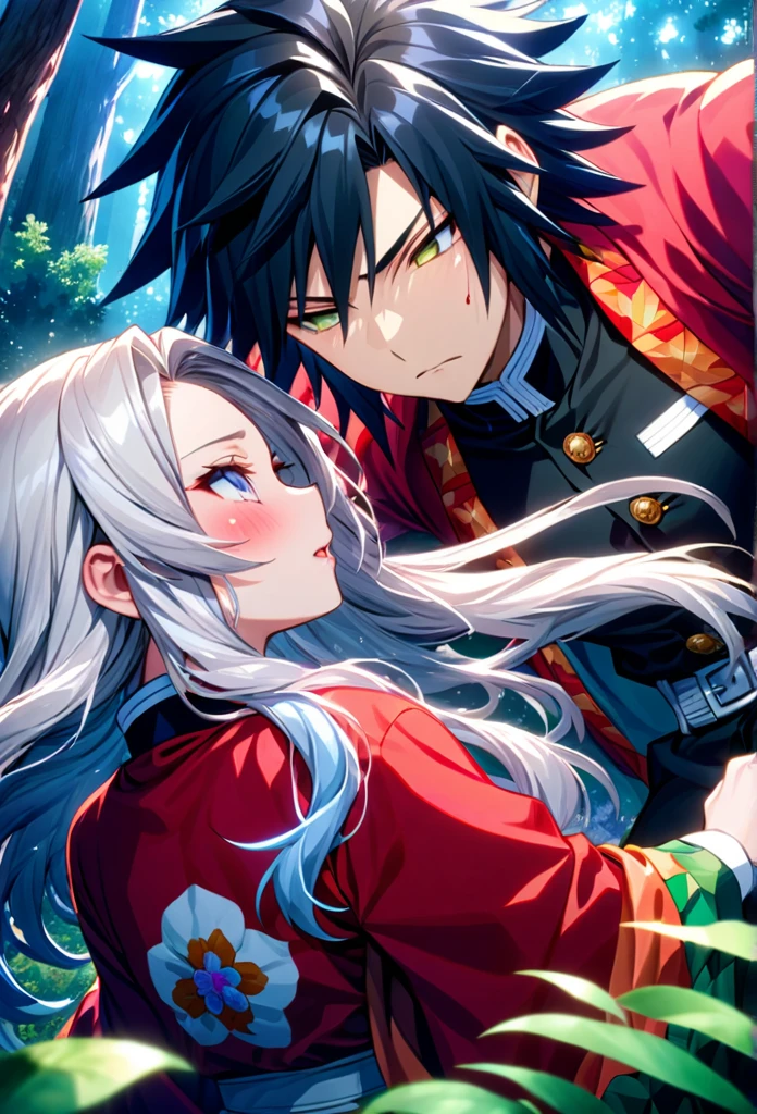 Ultra detailed, high resolution, absurd, HDR, masterpiece, anime girl and boy, beautiful woman (with long white hair with deep red streaks, woman (with yellow eyes), the woman (is wearing a red haori), in black demon slayer corps uniform, Kimetsu No Yaiba, fantasy, handsome, Tomioka Giyu, Hashira, Tomioka is serious, couple, night, forest, best quality, extremely detailed face, anime, the girl is really hurt, the girl is covered in blood , Tomioka is a strong man, the girl have a feral expression, Tomioka Giyu is trying to protect the pretty girl, Tomioka is protecting his lover, both are powerfull, powerfull couple 