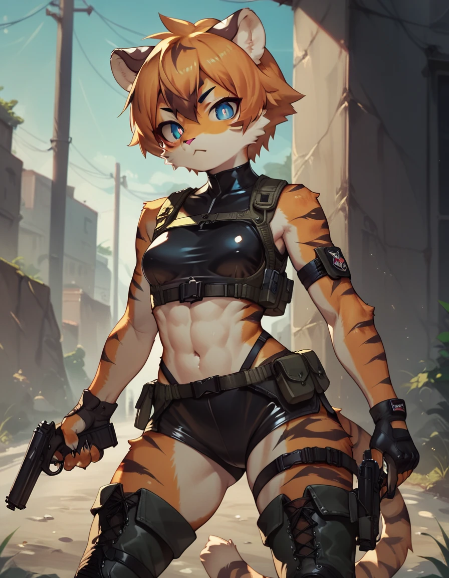 score_9, score_8_up) score_7_up, score_6_up, solo, tiger, kemono, anthro, cute, short hair, blue eyes, white pupils, sexy pose, orange fur, tactical harness, croptop, thigh high boots, assassin girl, mesh body suit, tactical gloves, latex, small breasts, outside, pistol,