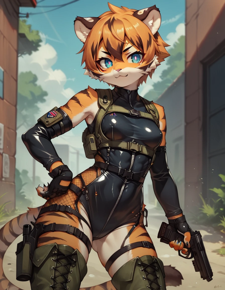 score_9, score_8_up) score_7_up, score_6_up, solo, tiger, kemono, anthro, cute, short hair, blue eyes, white pupils, sexy pose, orange fur, tactical harness, croptop, thigh high boots, assassin girl, mesh body suit, tactical gloves, latex, small breasts, outside, pistol,