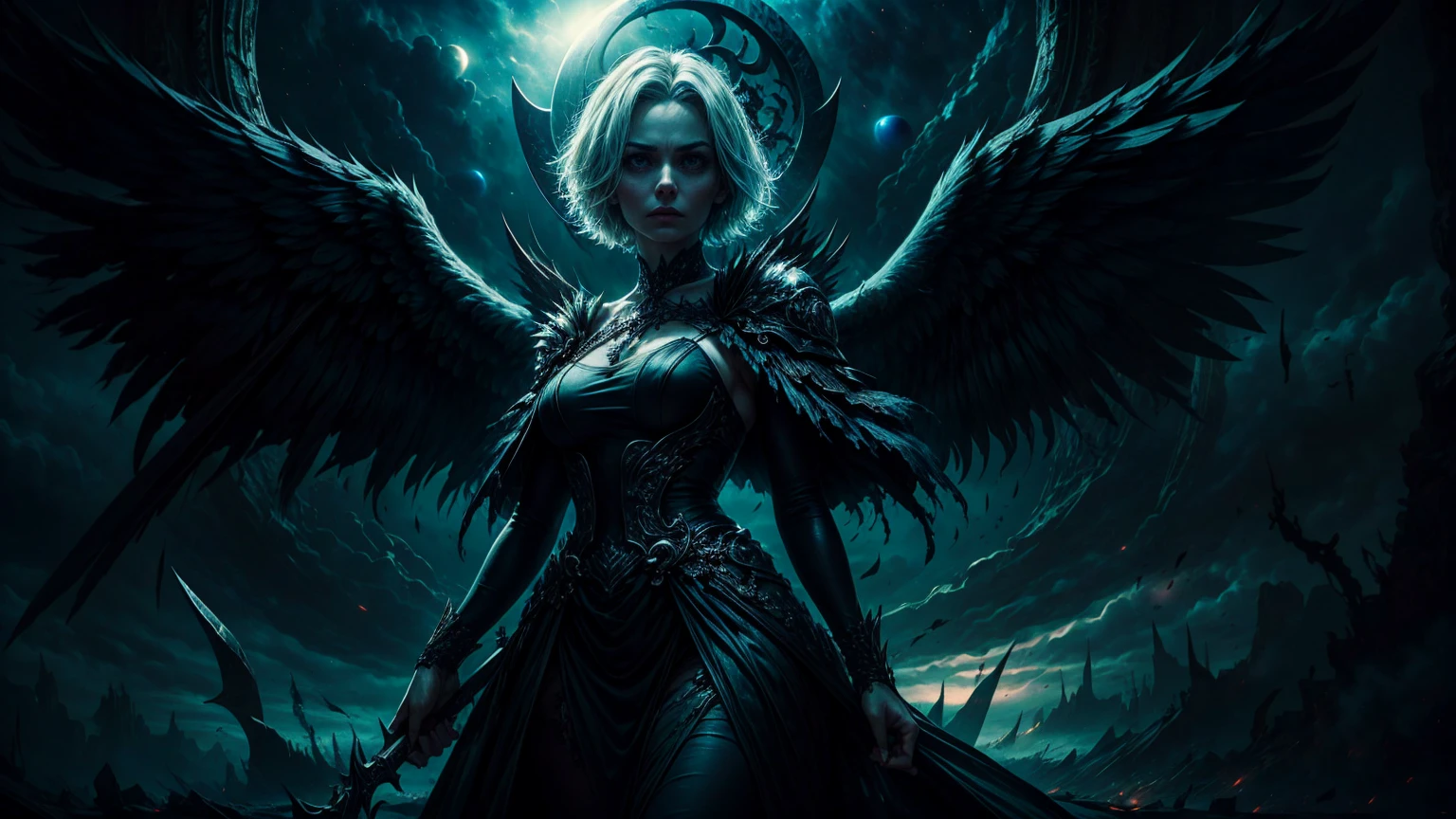Shown, that Tia has a rather slim figure.. She has white-gray hair , She has short hair and large pale green eyes, Fallen Space Angel, black wings, terrifying, a nightmare, line of light from the sky, holding a scythe in his hand, Angel of Death, intense darkness, Black Flame, top quality, a lot of details, sharp focus, Realism