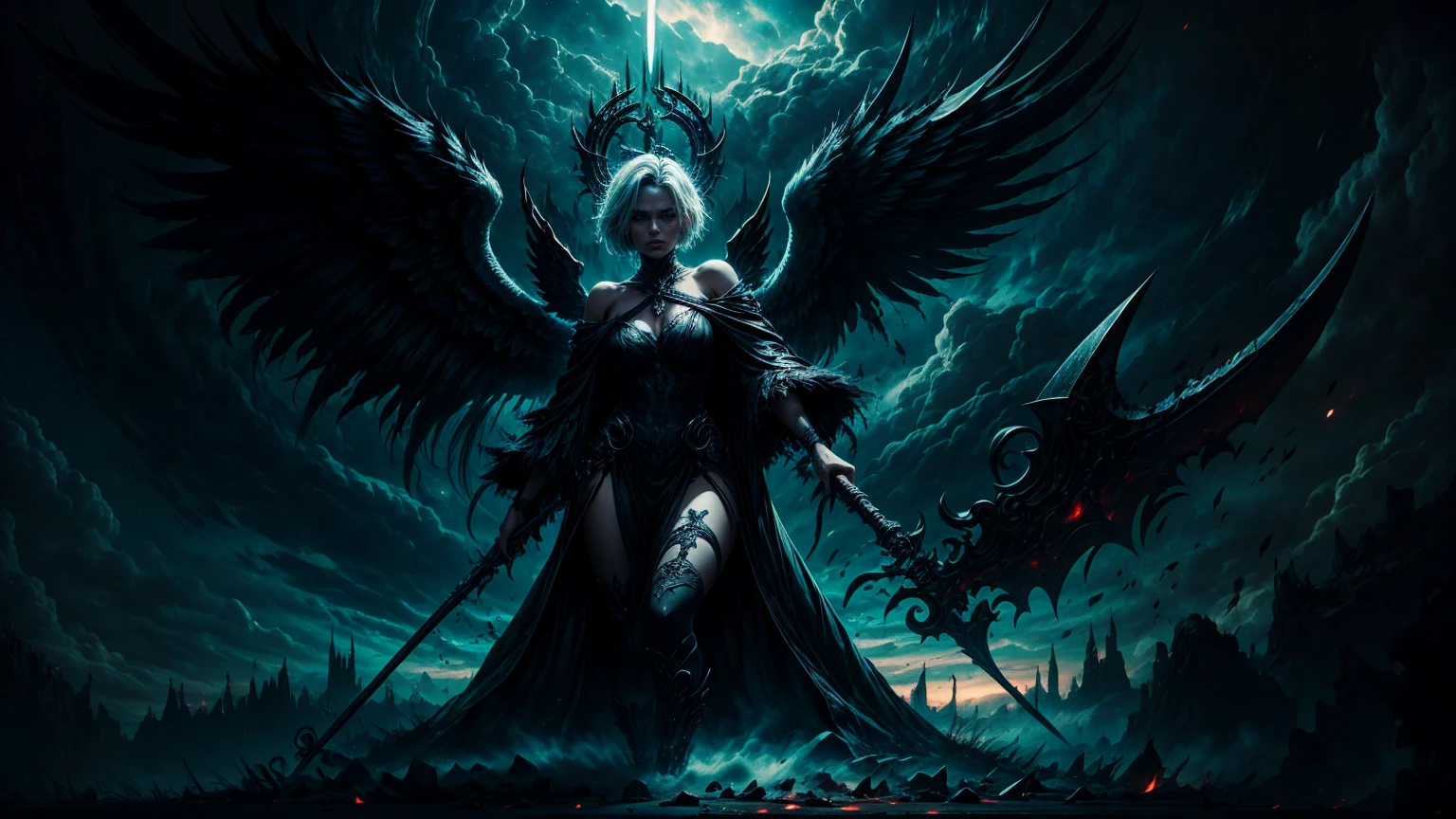Shown, that Tia has a rather slim figure.. She has white-gray hair , She has short hair and large pale green eyes, Fallen Space Angel, black wings, terrifying, a nightmare, line of light from the sky, holding a scythe in his hand, Angel of Death, intense darkness, Black Flame, top quality, a lot of details, sharp focus, Realism
